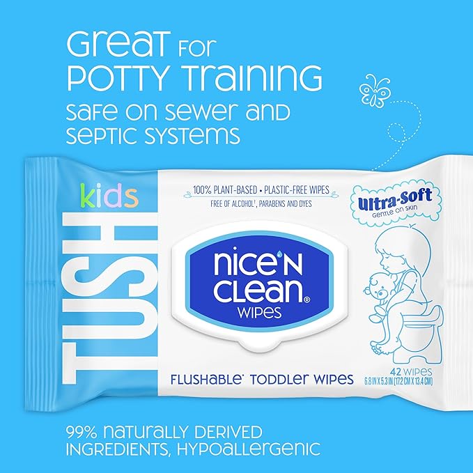 Nice 'N CLEAN Flushable Toddler Wipes 42ct (6-Pack) | 100% Plant-Based, Unscented Wet Wipes for Sensitive Skin | Potty Training Essentials | Flushable Baby Wipes for All Ages