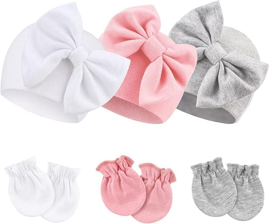 BQUBO Newborn Girls Hats Baby Hat and Mittens Set Infant Caps Bow Hospital Beanie with No Scratch Mittens for Baby Boys Girls