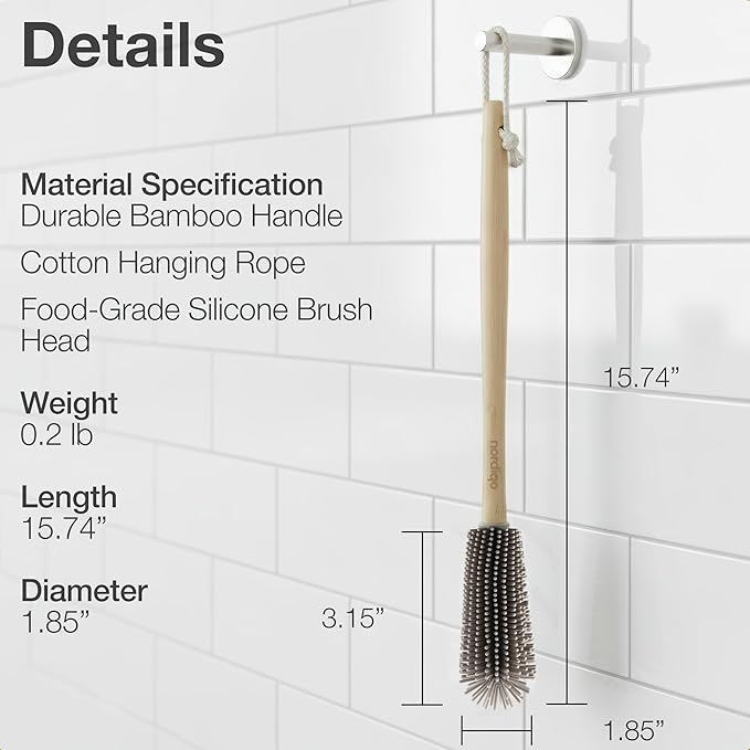 Extra Long Bottle Brush – 16" Bamboo Handle & Flexible Hygienic Silicone Head – Compatible with Sodastream (Not Aqua Fizz), Aarke Plastic Bottles, Vases, Tumblers | BPA Free | Scratch-Free