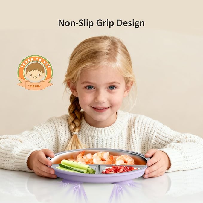 Stainless Steel Baby Plate with Suction, 9” Divided Toddler Plates with Removable Silicone Sleeves for Kids, Non-Toxic Non-Slip Unbreakable Dishwasher Safe Dinnerware Set of 2, Pink & Lilac