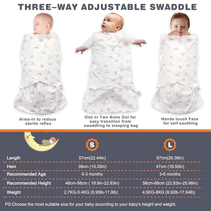 Swaddle-Blanket Baby Girl & Boy Swaddles Newborn Infant Transition 100% Cotton Wrap Blankets, 3-Way Adjustable Wearable Blanket, TOG 1.0 (Little Fairy, 3-6 Month)