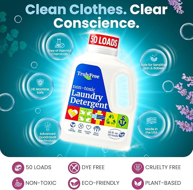 Truly Free Natural Laundry Detergent for Sensitive Skin | Eco Friendly, Plant Based, Baby Clothes Safe | Clean & Easy Powder to Liquid, 5 Pack Detergent + 1 Refillable Jug | Signature Scent 250 Loads