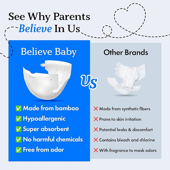 Believe Diapers Size 3 (16-28 Lbs) Viscose Bamboo Diapers 42 Count – Natural Baby Diaper, Chemical Free and Fragrance Free Natural Diaper for Sensitive Skin, Super Absorbent with Leak Protection