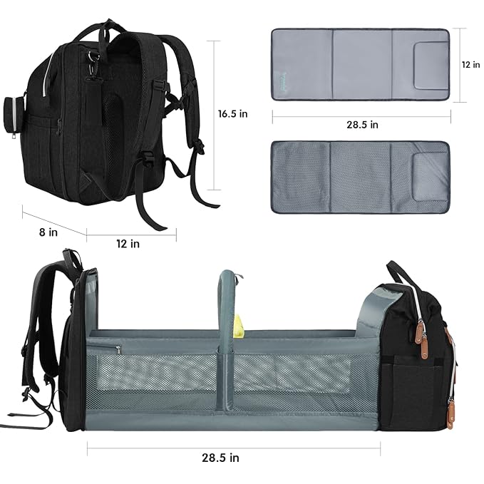 DERJUNSTAR Diaper Bag Backpack, Large Baby Bag with Changing Pad, Thick Padded Back & Straps, Laptop Compartment, Waterproof Travel Backpack with USB Port, Multi-Function for Mom & Dad, Black