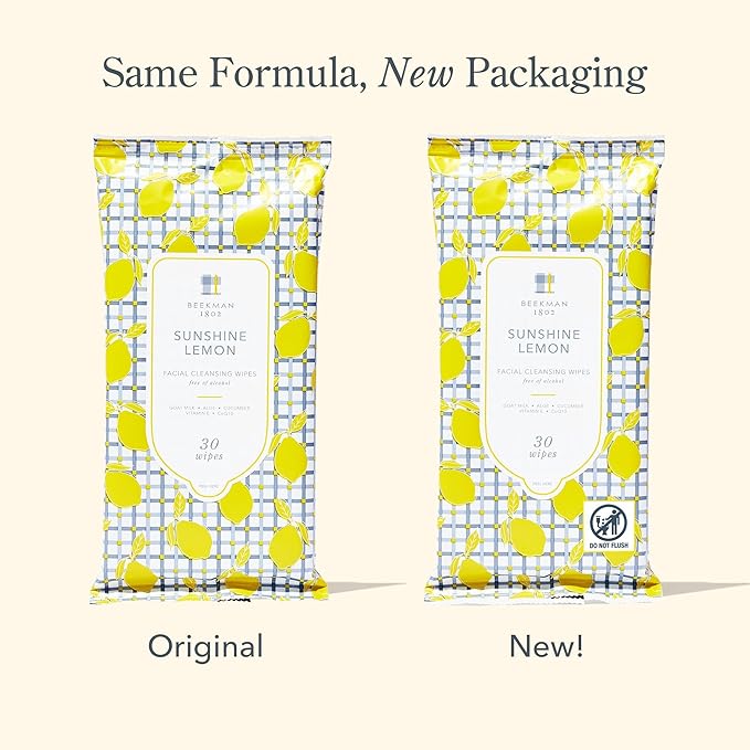 Beekman 1802 Face & Body Wipes, Sunshine Lemon Scented, 30 Count - Cleanses Dirt & Makeup, With Goat Milk, Aloe & Vitamin E - Alcohol Free, Biodegradable, Good for Sensitive Skin