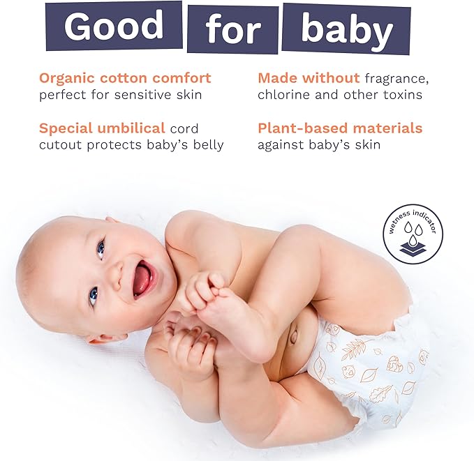 Pura Hypoallergenic Diapers, Size 1 (4-11 lbs), Newborn, Totally Chlorine Free, Wetness Indicator, Suitable for Sensitive Skin, Soft Organic Cotton Comfort, Overnight, 1 Pack of 32 Baby Diapers