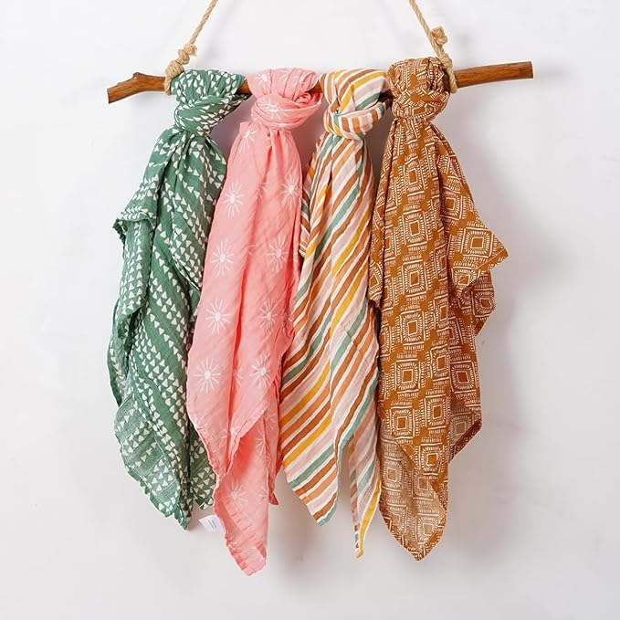 4 Set Muslin Swaddle Blankets for Newborn Baby Boys, Girls,Receiving Blankets-Cute Soft Print Baby Towel Wrap 120x110cm Baby(Leaf)