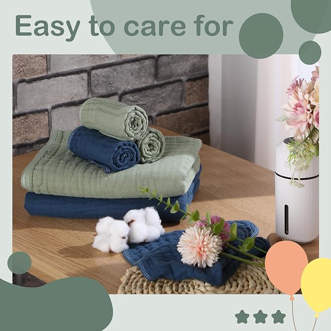 VitalCozy 6 Pcs Baby Muslin Hooded Bath Towels and Washcloths Muslin Cotton Hooded Baby Towels Absorbent Blankets for Gift Newborn Infant Shower (32 x 32 Inch,Green,Blue)