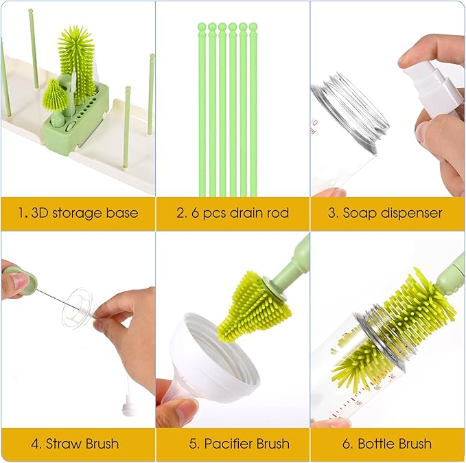 Portable Baby Bottle Brush Set, 7-in-1 Travel Baby Bottle Cleaning Kit, Portable Bottle Washing Kit with Silicone Bottle Brush, Nipple Brush, Straw Brush, Drying Rack for Home & Travel (Green)