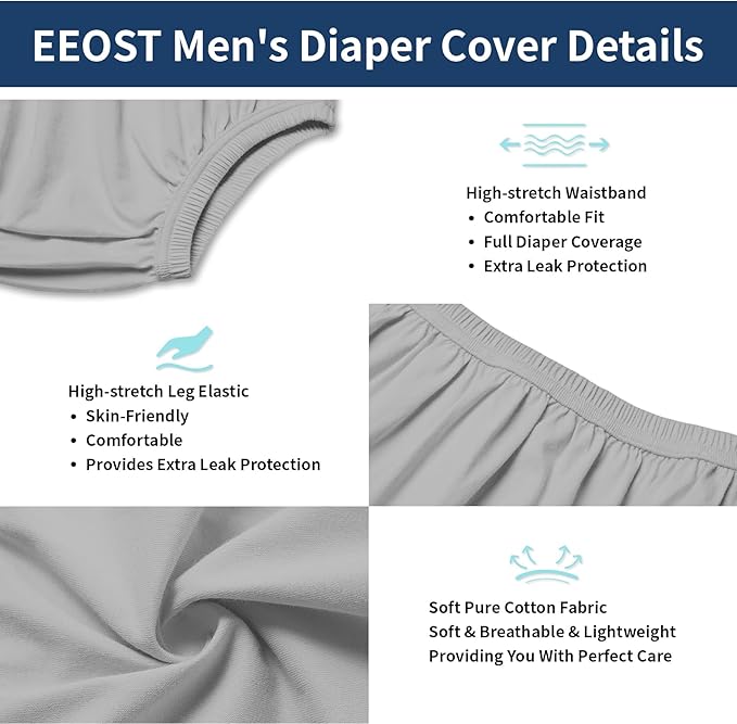 Adult Diaper Cover for Incontinence Noiseless Leak-Protection Underwear Plastic Pants Over Diapers Waterproof Rubber Pants (Gray, 5XL(Men Size))