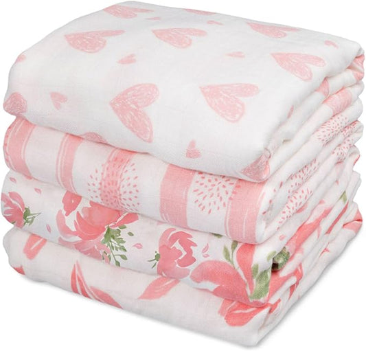 GLLQUEN BABY Muslin Swaddle Blankets 4-Pack Breathable Receiving Blankets (35" x 40") Soft Baby Blankets for Girls and Boys Newborn Essentials Muslin Burp Cloths Swaddle Wrap Baby Gift (Flower)