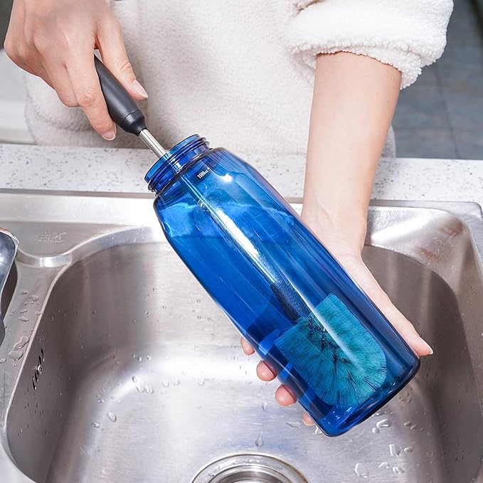 Water Bottle Cleaning Brush with 2 Replaceable Heads, Compatible with Sport Bottles, Tumblers, Mugs, Wine Decanters, Glassware, Round, 1 Pack (15 in)