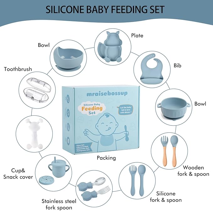 Silicone Baby Feeding Set 15 Pcs，Baby Plates,Baby Spoons Suction Bowl Divided Plate Bib Cup Finger Brush Training cups,Baby Led Weaning Supplies（blue）