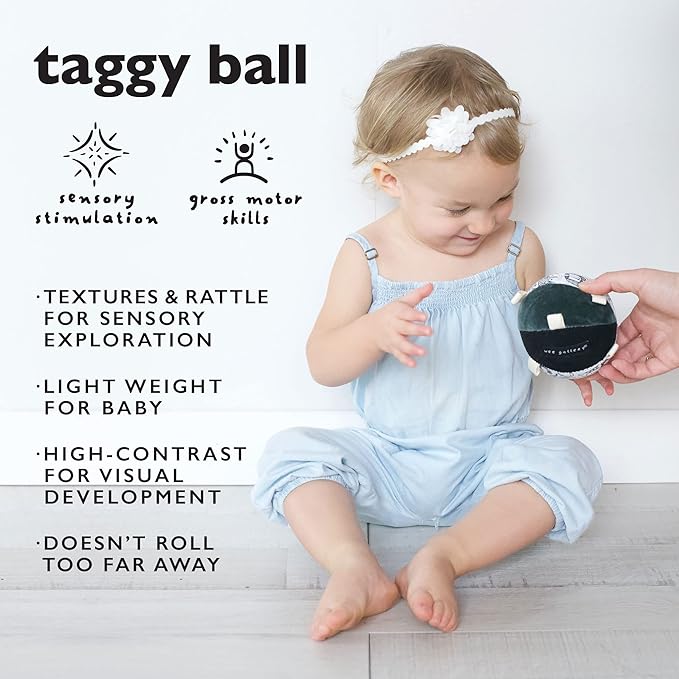 Wee Gallery Taggy Ball with Rattle, Soft Sensory Baby Toy, Sensory Ball with Organic Cotton Fabric, Little Tags & Gentle Rattle for Tummy Time, Grasping & Developmental Play, Acorns