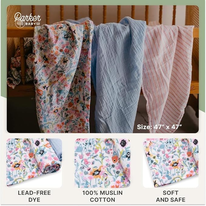 Parker Baby Swaddle Blankets - 3 Pack of 100% Cotton Muslin Swaddle Blankets for Baby Girls - Blossom Set