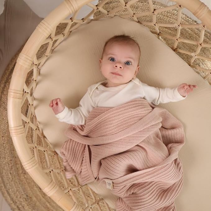 Knitted Organic Cotton Baby Blanket- Swaddle Blanket, 30" x 40" Soft Receiving Blanket for Newborn 2-Pack (Fog and Blush)