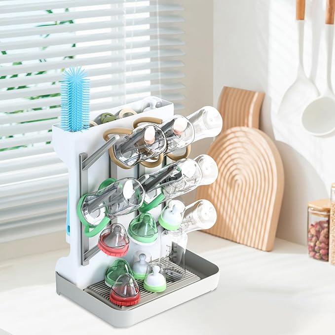 Baby Bottle Drying Rack - Vertical Space Saving Design with 12 Pegs, Holds Bottles, Pump Parts & Pacifiers, Dishwasher Safe & Quick Drain, Gray