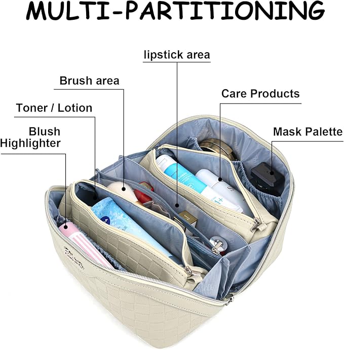 BOYATU Travel Makeup Bag Organizer Cosmetic Bag: 3 Pcs Set Make up Bags for Women with Handle - Waterproof Vegan Leather Toiletry Bags Travel Essentials Pouch with Compartments (G-16-Beige)