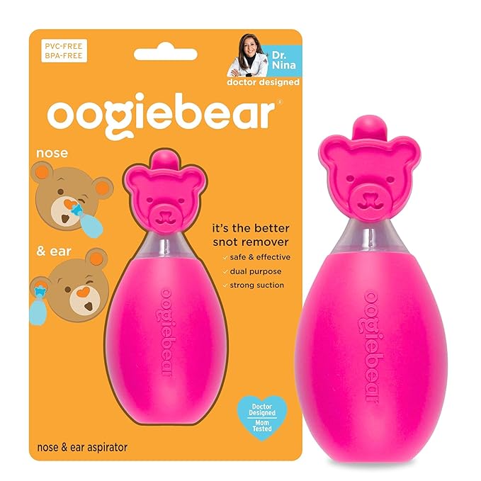 oogiebear: Baby Nasal Aspirator - Safe Booger & Earwax Remover for Newborns, Infants, Toddlers - Better Syringe, Airtight Suction, Nose Sucker - Essential Baby Stuff, Diaper Bag Must-Haves, Pink