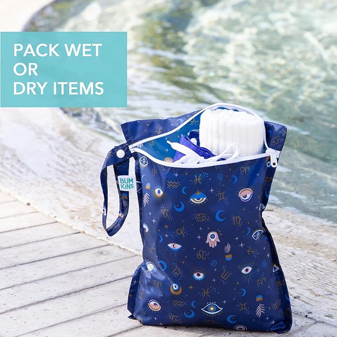 Bumkins - Waterproof Wet Bag & Clear Travel Bags - For Beach, Baby, Travel, Swim Suit, Cloth Diapers, Pump Parts, Pool, Gym, Toiletries - Reusable & Easy to Clean - Evil Eye - 4 Pack