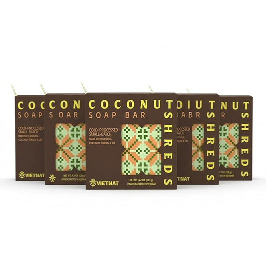 Coconut Shreds Soap Bar (Pack of 5) – Exfoliating & Moisturizing 2-in-1 Body Soap, Cold Process Handmade Bar with Coconut Milk & Oil, Gentle Daily Cleanser