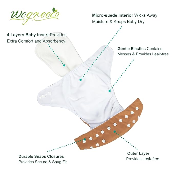 wegreeco Cloth Diapers 6 Pack with 6 Inserts & 1 Wet Bag, Washable Cloth Diapers for Babies, One Size Adjustable Reusable (Warm Colour)