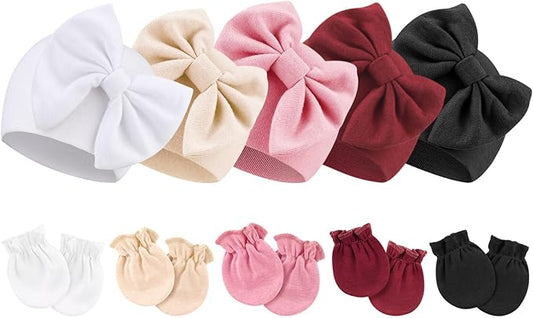 BQUBO Newborn Baby Girls Hats Mittens Set Hospital Hat Beanie Infant Bow Hats Baby Cotton Gloves for 0-6 Months