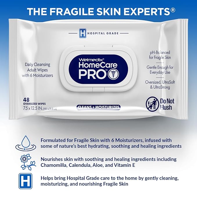 Homecare Pro Oversized Daily Cleansing Adult Wipes With 6 Moisturizers Wet Cleansing, Rinse Free, Bathing Wipes, Hospital Grade pH Balanced for Fragile Skin - | 48 Count XL |- 1 Pack