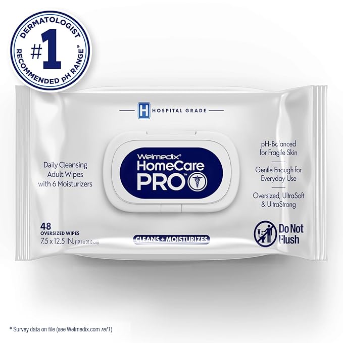 Homecare Pro Oversized Daily Cleansing Adult Wipes With 6 Moisturizers Wet Cleansing, Rinse Free, Bathing Wipes, Hospital Grade pH Balanced for Fragile Skin - | 48 Count XL |- 1 Pack