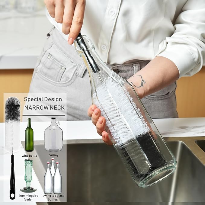 ALINK 8 Pack Black Bottle Brush Cleaning Set with Stand, Long Handle Bottle Cleaner with Holder for Narrow Neck Beer Wine Brewing Bottles, Stanley Water Bottles, Baby Bottles, Tumblers, Carafe, Straws
