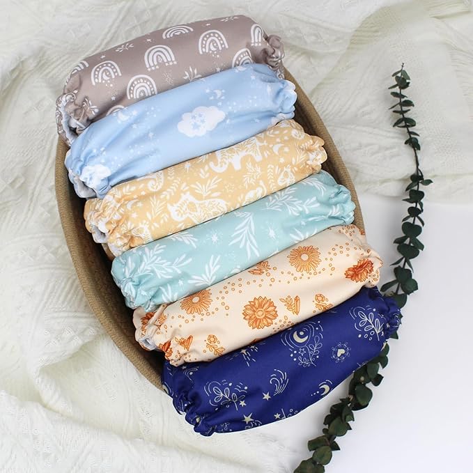 Mama Koala 3.0 Pocket Cloth Diapers for Babies with AWJ Lining, 6 Pack with 6 5-Layer Natural Cloth Diaper Inserts - Reusable and Washable Pocket Diapers(A-Cabin Vibes)