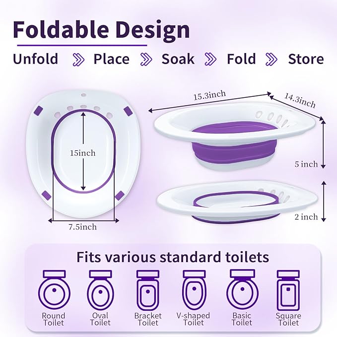 Sitz Bath for Hemorrhoids, Sitz Bath for Toilet Seat - Perineal Soaking Bath, Postpartum Care - Yoni Steam Seat - Foldable Basin for Salt Soak, Wide Seat - Use with Sitz Baths Salt
