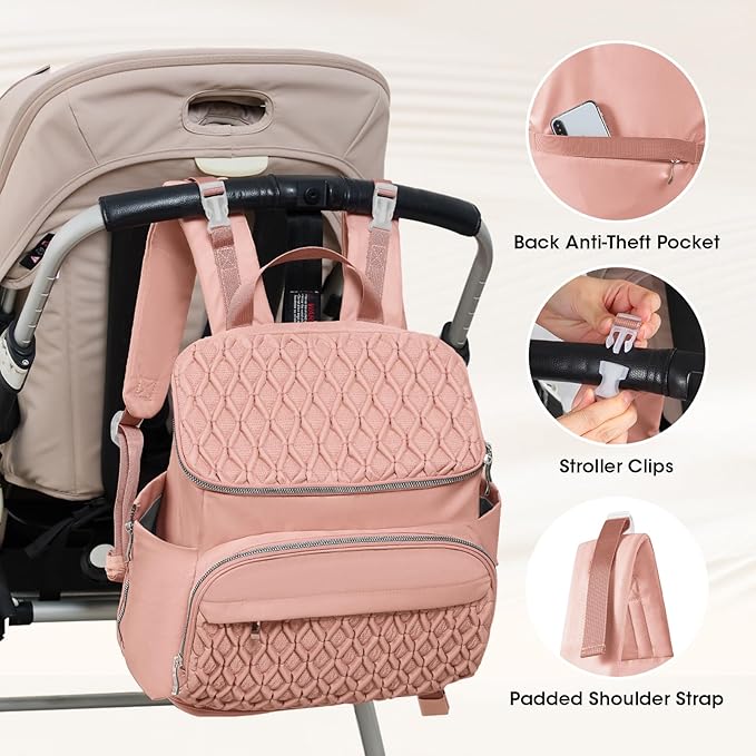 Diaper Bag Backpack, Large Baby Bag for Girl Boy, Travel Diaper Backpack with Insulated Pocket, Cute Diaper Bag Stroller Straps, Baby Shower & Registry Gift for Mom Dad Pink