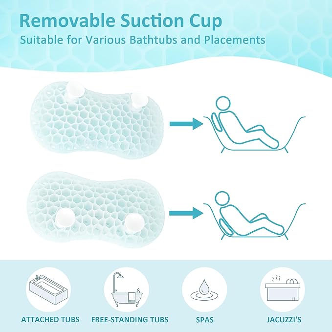 Sunlit Bath Jello Mini Gel Bath Pillows, Lumbar Pillow for Bathtub, Back Support Pillow, Gel Pillow with Non-Slip Suction Cups for Lumbar, Back Rest Support, Ice Blue