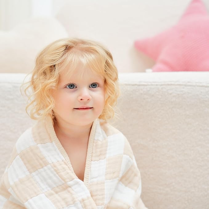 Ultra-Soft Checkered Muslin Baby Blanket - Swaddle & Crib, 43x43 (Cream)