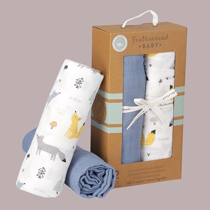 Featherhead™ 100% Cotton Muslin Swaddle Blankets for Baby Boy - Large 47”x 47” - Pre-Washed, Soft, & Breathable - Newborn Essential & Perfect Baby Registry Gift (2 Pack - Blue Foxes)