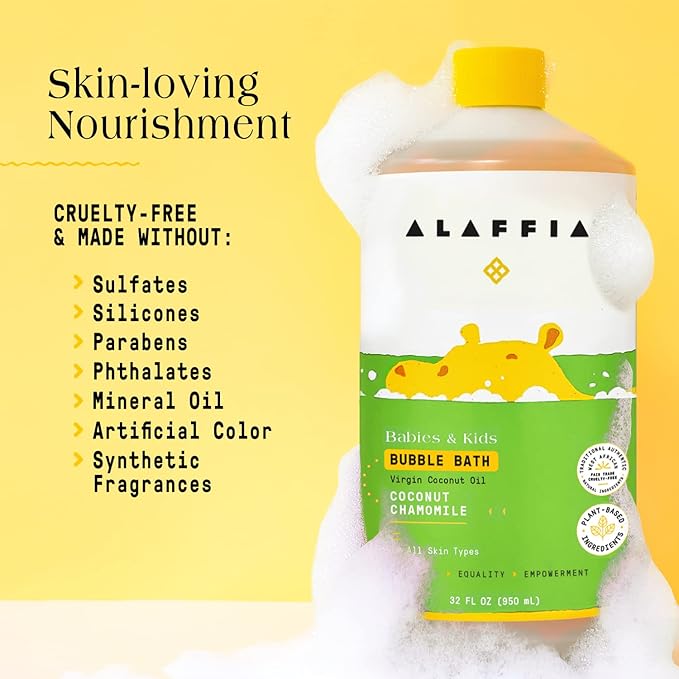 Alaffia Babies & Kids Bubble Bath, Coconut Chamomile, Pump Included – Gentle Cleanser with Raw Shea Butter and Yarrow, 32 Fl Oz
