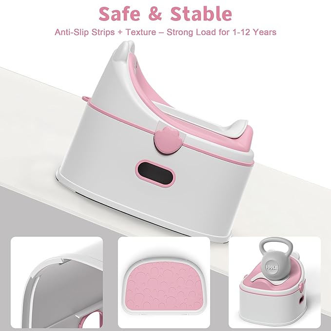 3-in-1 Potty Training Toilet, Portable Potty, Potty Training Seat and Toddler Step Stool, Easy Setup and Clean, Anti-Slip Toddler Potty Trainer for Boy Girl,Pink