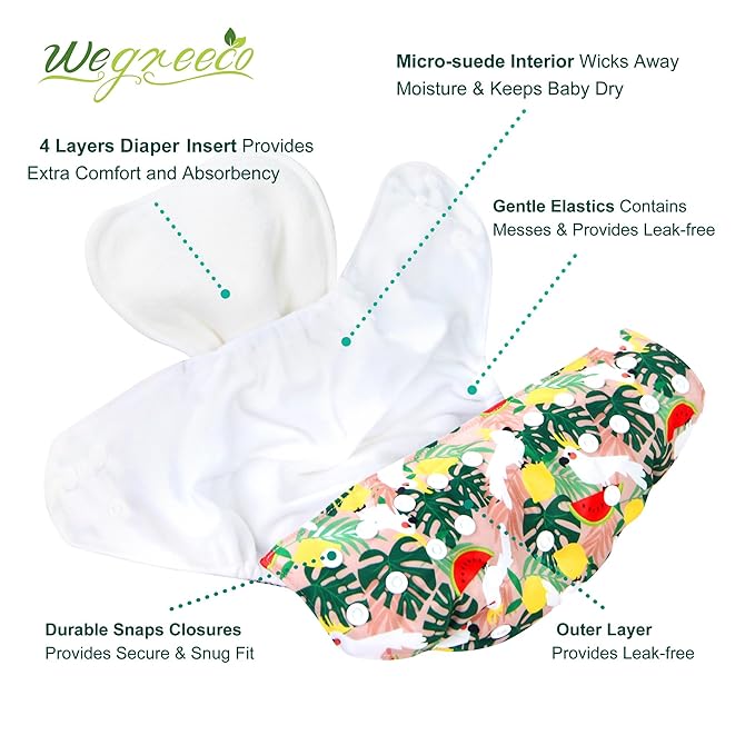 wegreeco Cloth Diapers 6 Pack with 6 Inserts & 1 Wet Bag, Washable Cloth Diapers for Babies, One Size Adjustable Reusable (Love, Flowers)