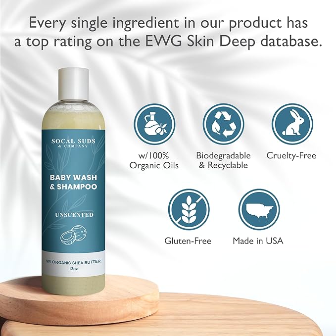 SoCal Suds & Company Baby Body Wash & Shampoo - Shea Moisture for Sensitive Skin - Fragrance Free Hair & Body Soap - Gentle Bath Products for Toddlers & Babies - 1 Pack Fragrance Free 12oz Bottles