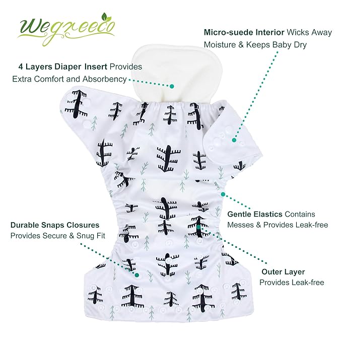 wegreeco Cloth Diapers 6 Pack with 6 Inserts & 1 Wet Bag, Washable Cloth Diapers for Babies, One Size Adjustable Reusable (Forest, Animals)
