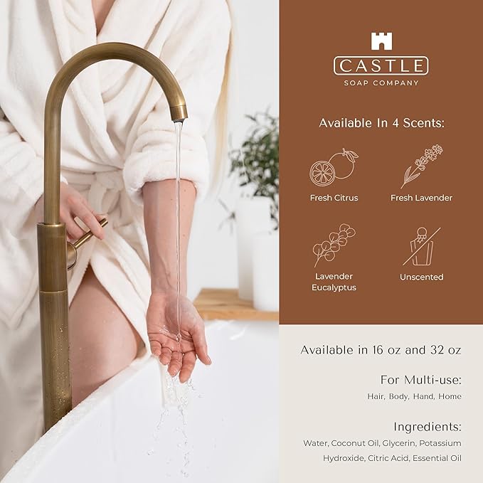 Castle Soap All-Purpose Castile Soap | Multi-Use Gentle Cleanser for Hair, Body, Hands, & Home | Nourishing Coconut Oil Formula | Sensitive Skin Friendly | Hydrating | 16 oz | Lavender and Eucalyptus