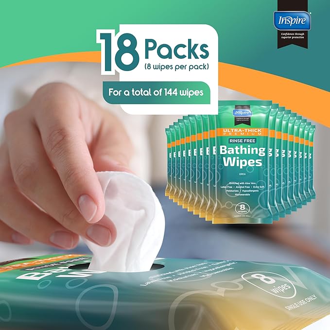 Inspire Ultra Thick Rinse Free Body Wipes, Bathing Wipes, Rinse Free Wet Wipes, Thick Strong Extra Large With Aloe Vera Enriched