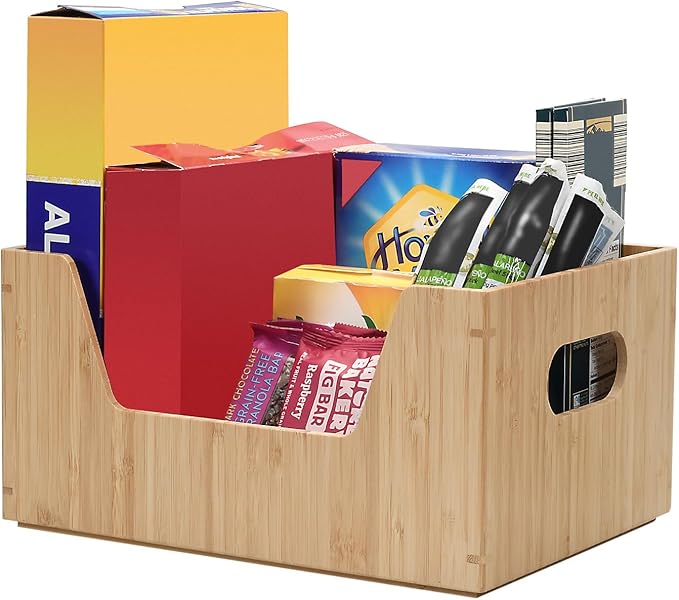 MobileVision Bamboo Storage Box with Open Front Stackable Bin Organizer to use in kitchen pantries, cabinets and countertops, 12 x 9 x 6 inches