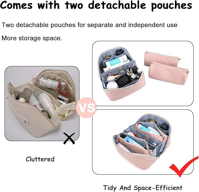 BOYATU Travel Makeup Bag Organizer Cosmetic Bag: 3 Pcs Set Make up Bags for Women with Handle - Waterproof Vegan Leather Toiletry Bags Travel Essentials Pouch with Compartments (G-13-Pink)