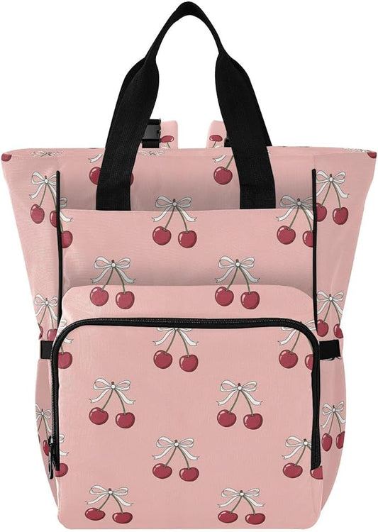Emelivor Cherries Bow Pink Diaper Bag Backpack Large Capacity with Insulated Pockets Baby Bag Diaper Bags for Boy Girl Travel Shopping Mom Dad