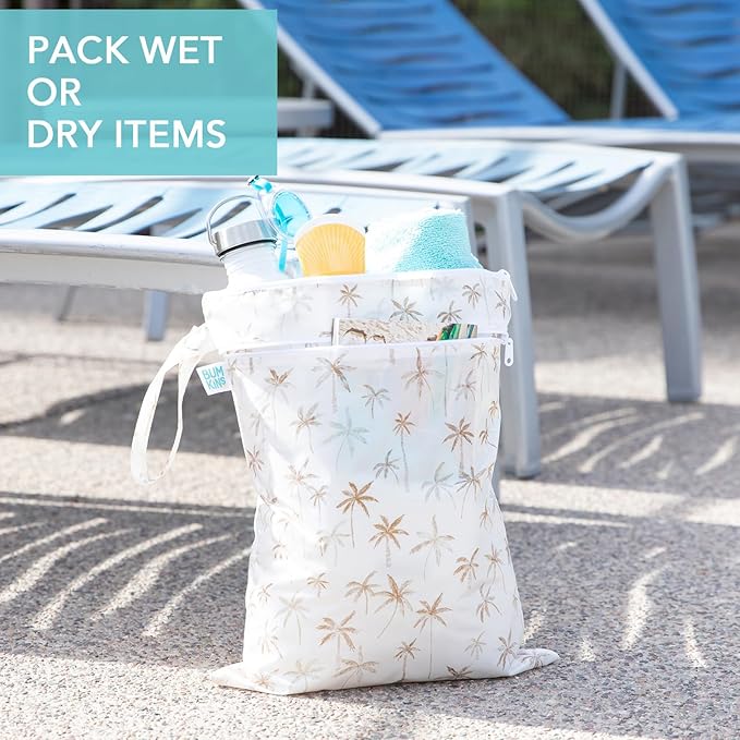 Bumkins - Waterproof Wet Bag, Wet/Dry Clutch & Clear Travel Bags - For Beach, Baby, Travel, Cloth Diapers, Pump Parts, Pool, Gym, Toiletries - Reusable & Easy to Clean - Palm Trees - 5 Pack