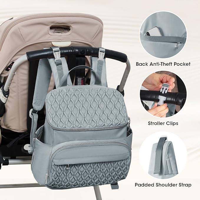 Baby Diaper Bag, Multi-Function Baby Bag for Mom Dad, Diaper Backpack with Changing Pad Stylish Pañaleras para Bebe Stroller Straps, Newborn Baby Essentials Must Haves for Women Grey Green