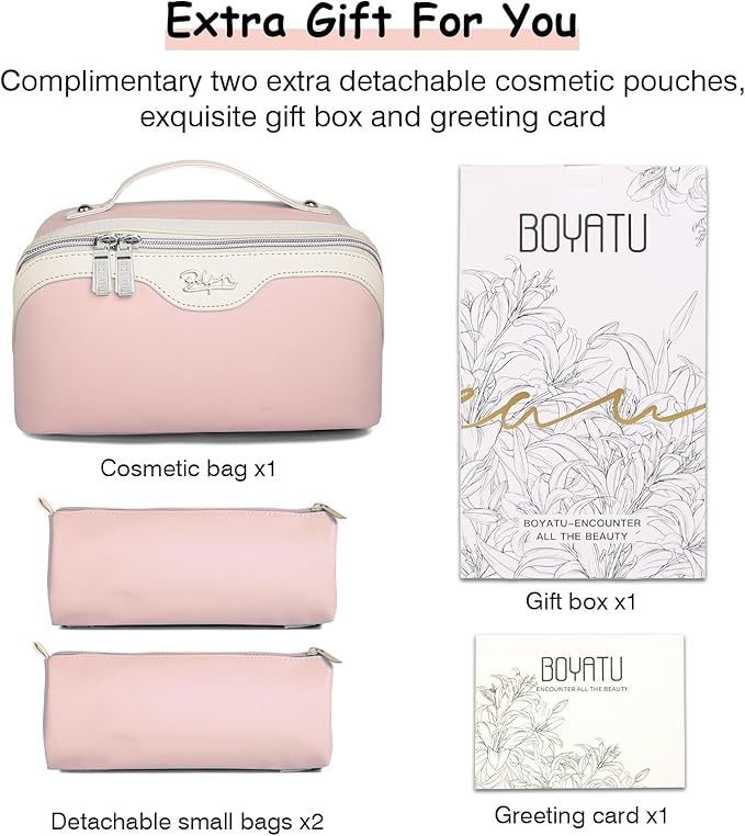 BOYATU Travel Makeup Bag Organizer Cosmetic Bag: 3 Pcs Set Make up Bags for Women with Handle - Waterproof Vegan Leather Toiletry Bags Travel Essentials Pouch with Compartments (D-04-Pink)