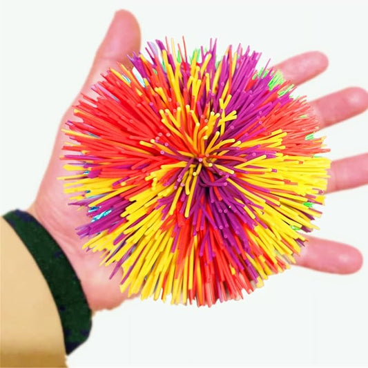 4.5Inch Large Rainbow Stringy Ball Silicone Bouncing Fluffy Jugging Ball,Monkey Stress Ball (Purple+Red+Yellow)